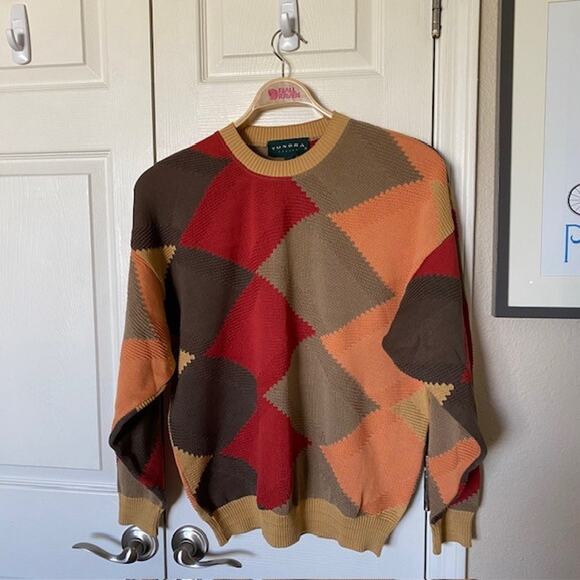 Tundra Crew Neck Sweater Color Block Argyle 100% Cotton Relaxed Men's Medium - Picture 7 of 11